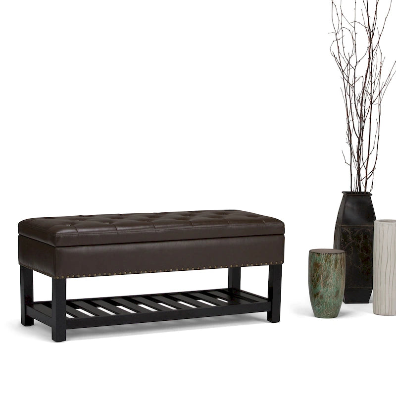 43" Tufted Rectangle Storage Ottoman Bench with Nailhead Trim - Faux Leather