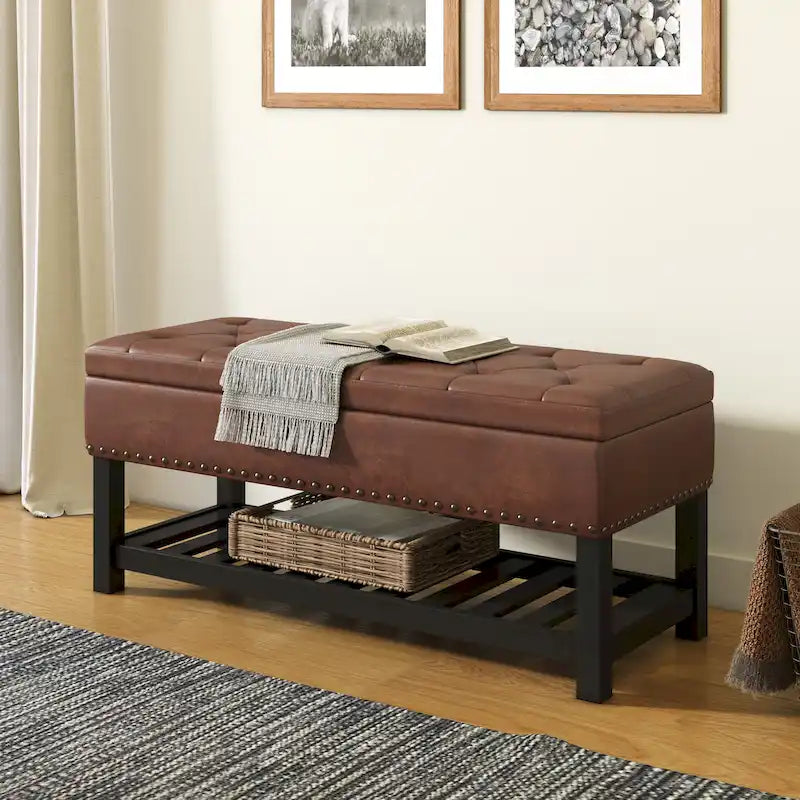 43" Tufted Rectangle Storage Ottoman Bench with Nailhead Trim - Faux Leather