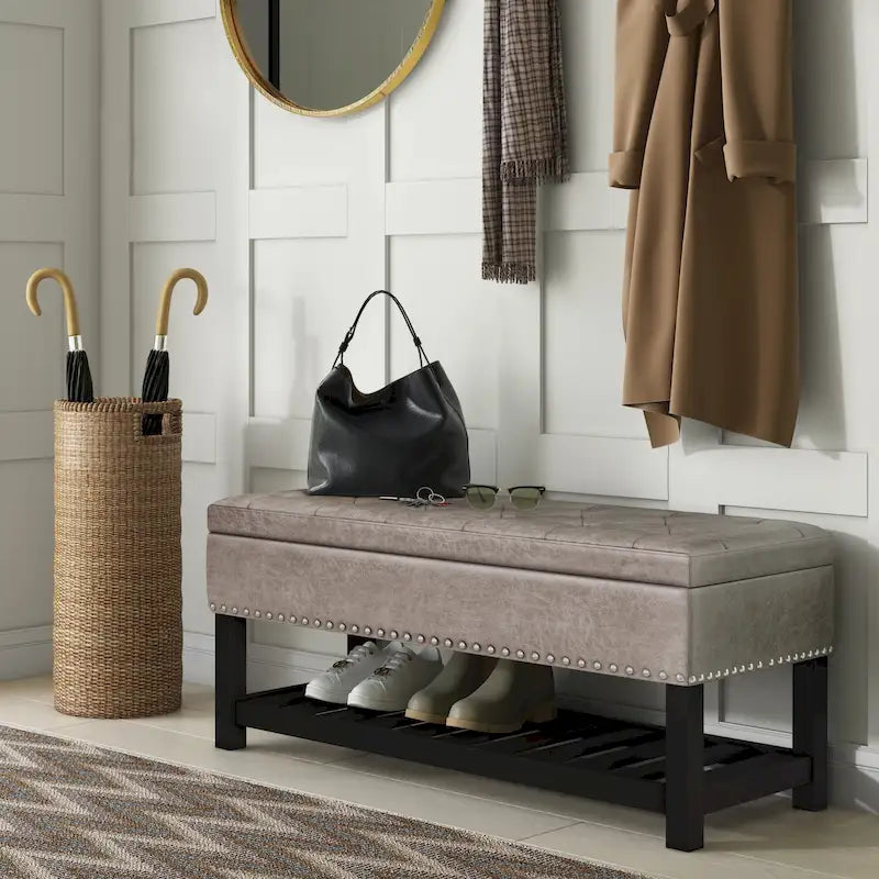 43" Tufted Rectangle Storage Ottoman Bench with Nailhead Trim - Faux Leather