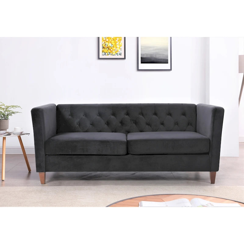 73" Crushed Velvet Square Arm Sofa with Button-Tufted Back & Wood Tapered Feet