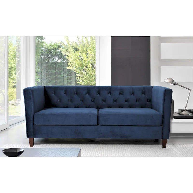 73" Crushed Velvet Square Arm Sofa with Button-Tufted Back & Wood Tapered Feet