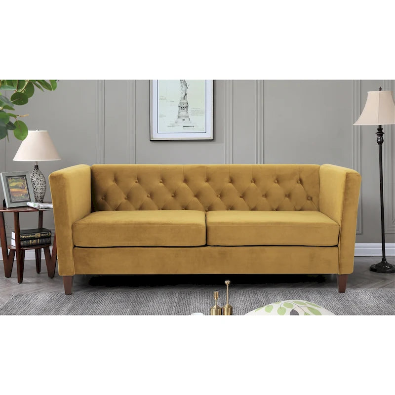 73" Crushed Velvet Square Arm Sofa with Button-Tufted Back & Wood Tapered Feet