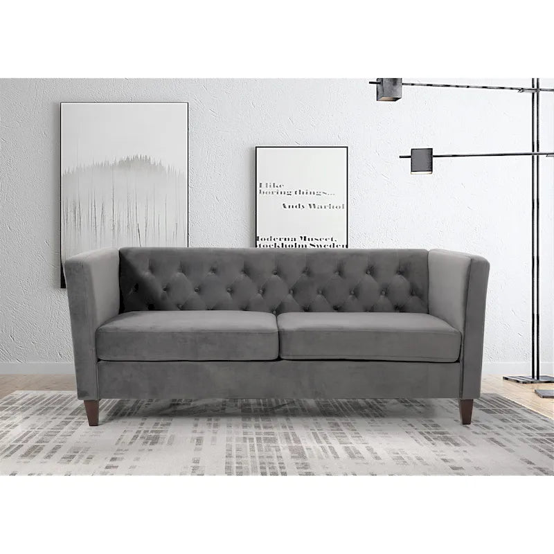73" Crushed Velvet Square Arm Sofa with Button-Tufted Back & Wood Tapered Feet