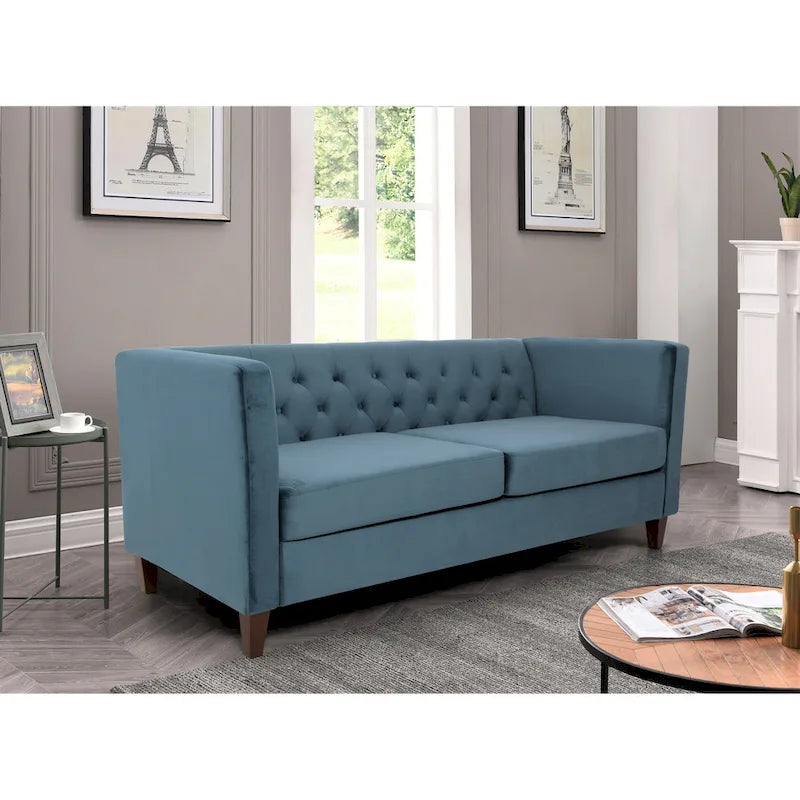 73" Crushed Velvet Square Arm Sofa with Button-Tufted Back & Wood Tapered Feet