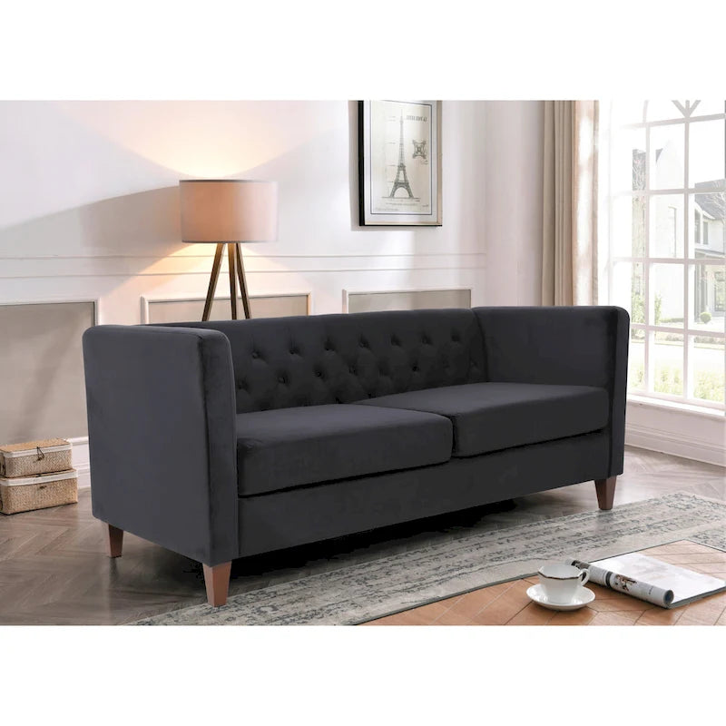 73" Crushed Velvet Square Arm Sofa with Button-Tufted Back & Wood Tapered Feet