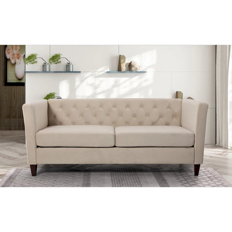 73" Crushed Velvet Square Arm Sofa with Button-Tufted Back & Wood Tapered Feet