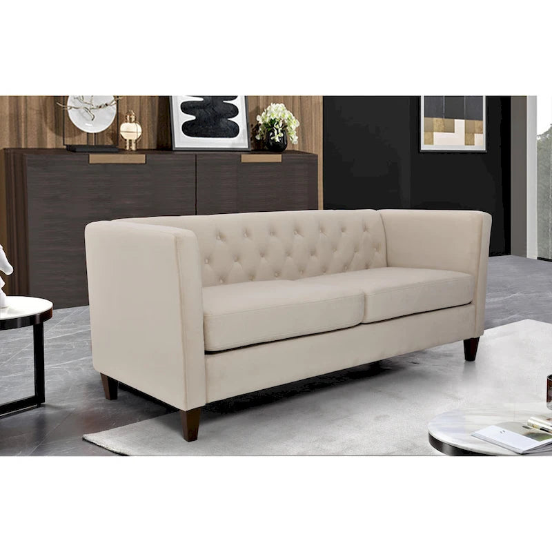 73" Crushed Velvet Square Arm Sofa with Button-Tufted Back & Wood Tapered Feet