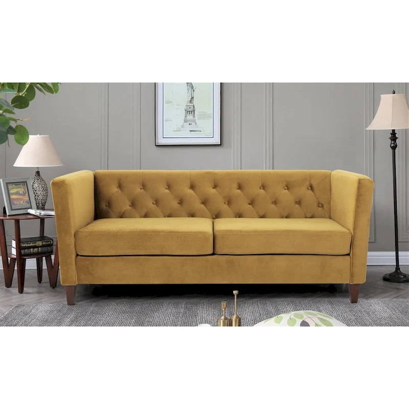 73" Crushed Velvet Square Arm Sofa with Button-Tufted Back & Wood Tapered Feet