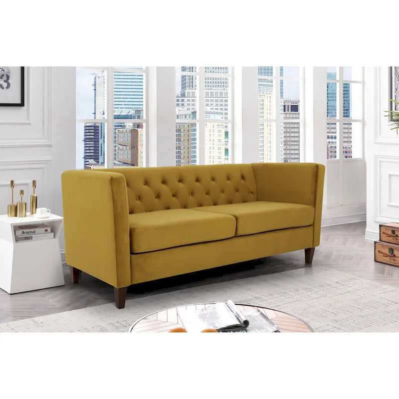 73" Crushed Velvet Square Arm Sofa with Button-Tufted Back & Wood Tapered Feet