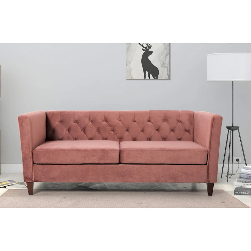 73" Crushed Velvet Square Arm Sofa with Button-Tufted Back & Wood Tapered Feet