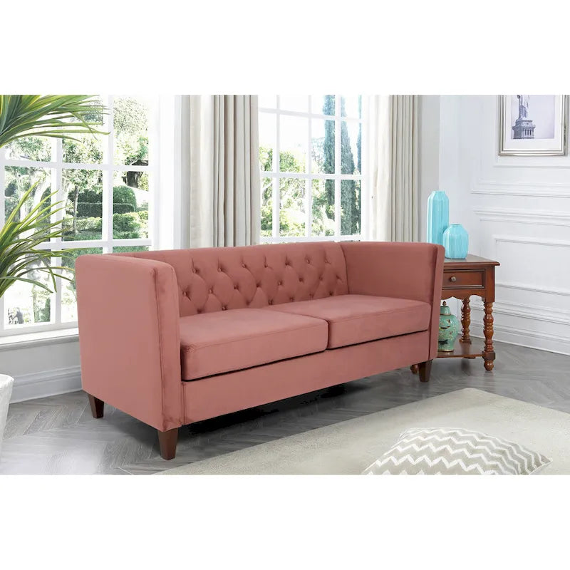 73" Crushed Velvet Square Arm Sofa with Button-Tufted Back & Wood Tapered Feet