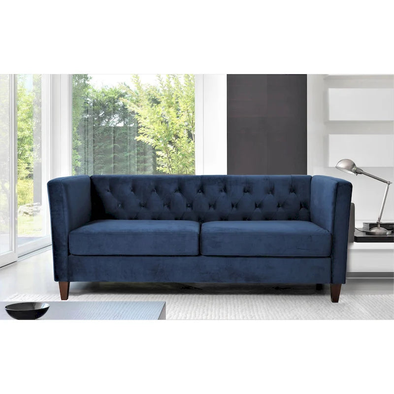 73" Crushed Velvet Square Arm Sofa with Button-Tufted Back & Wood Tapered Feet