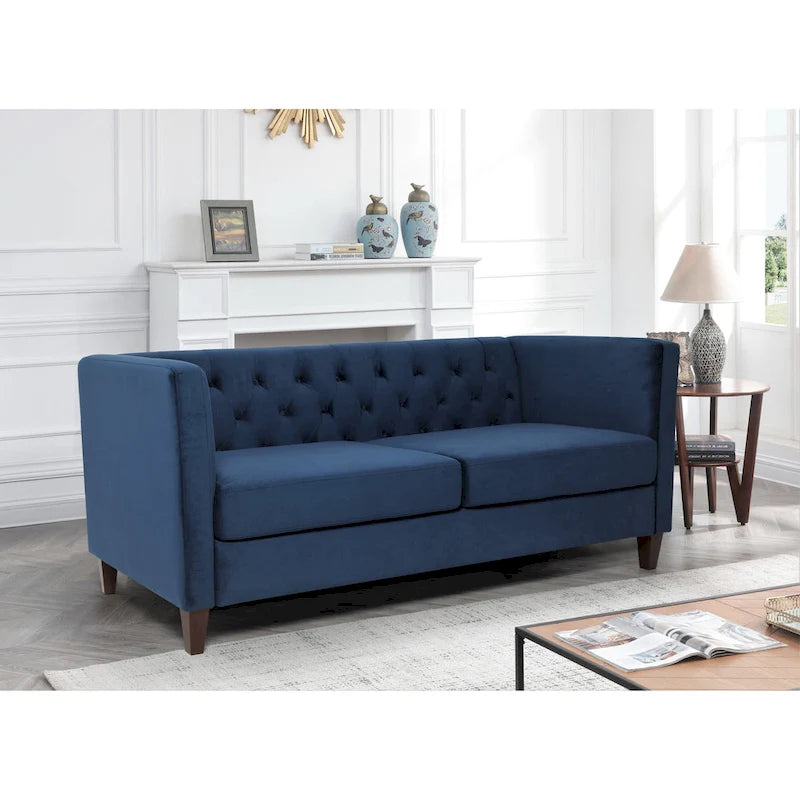73" Crushed Velvet Square Arm Sofa with Button-Tufted Back & Wood Tapered Feet