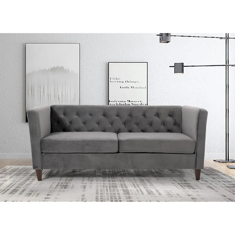73" Crushed Velvet Square Arm Sofa with Button-Tufted Back & Wood Tapered Feet