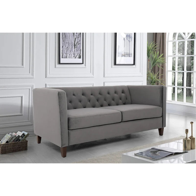 73" Crushed Velvet Square Arm Sofa with Button-Tufted Back & Wood Tapered Feet