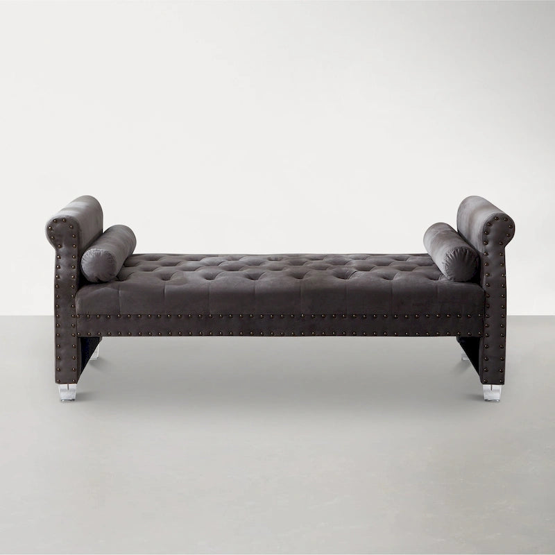 Rolled Arm Button-Tufted Chaise Lounge with Acrylic Legs - 71" with 2 Toss Pillows