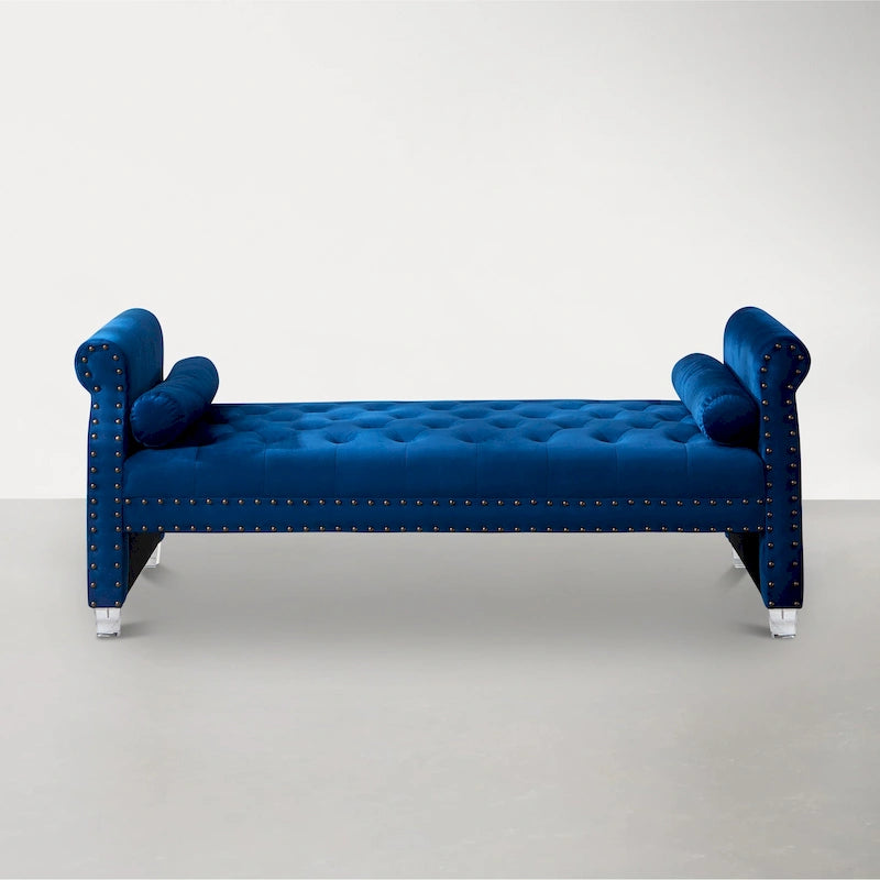 Rolled Arm Button-Tufted Chaise Lounge with Acrylic Legs - 71" with 2 Toss Pillows