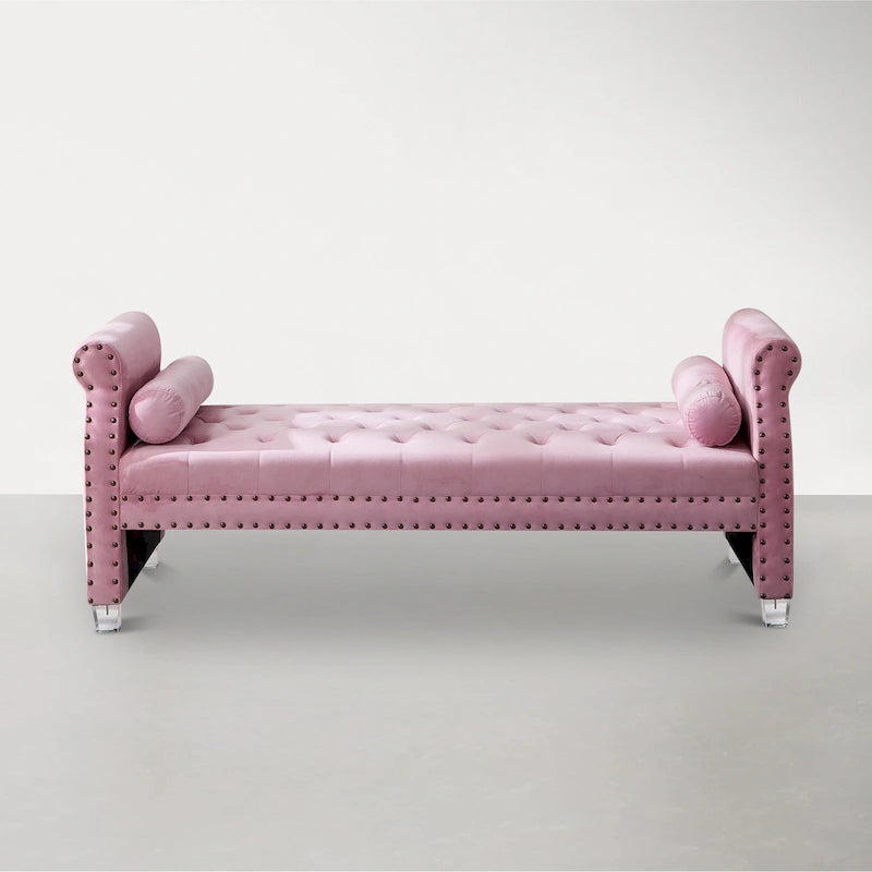 Rolled Arm Button-Tufted Chaise Lounge with Acrylic Legs - 71" with 2 Toss Pillows