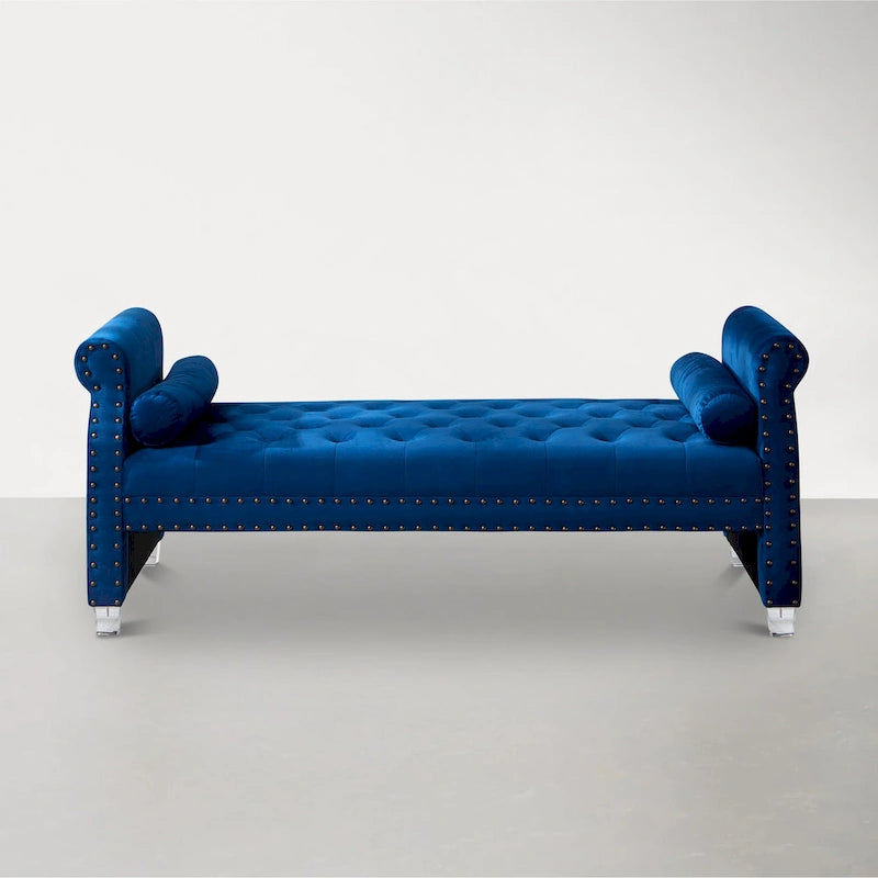Rolled Arm Button-Tufted Chaise Lounge with Acrylic Legs - 71" with 2 Toss Pillows