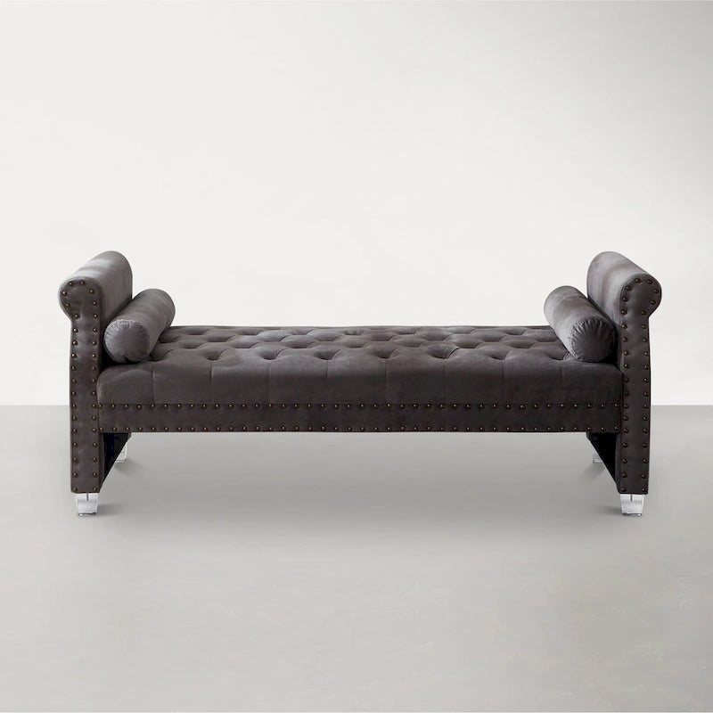Rolled Arm Button-Tufted Chaise Lounge with Acrylic Legs - 71" with 2 Toss Pillows
