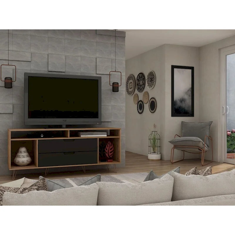 62.99" Mid-Century Media Cabinet Console with Metal Legs & Open Shelves