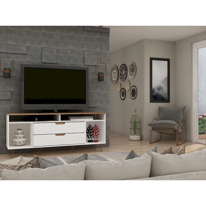 62.99" Mid-Century Media Cabinet Console with Metal Legs & Open Shelves