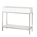 White High Gloss Console Table with Chrome Frame, 2 Drawers & Open Shelf