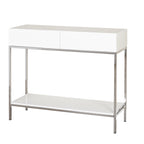 White High Gloss Console Table with Chrome Frame, 2 Drawers & Open Shelf