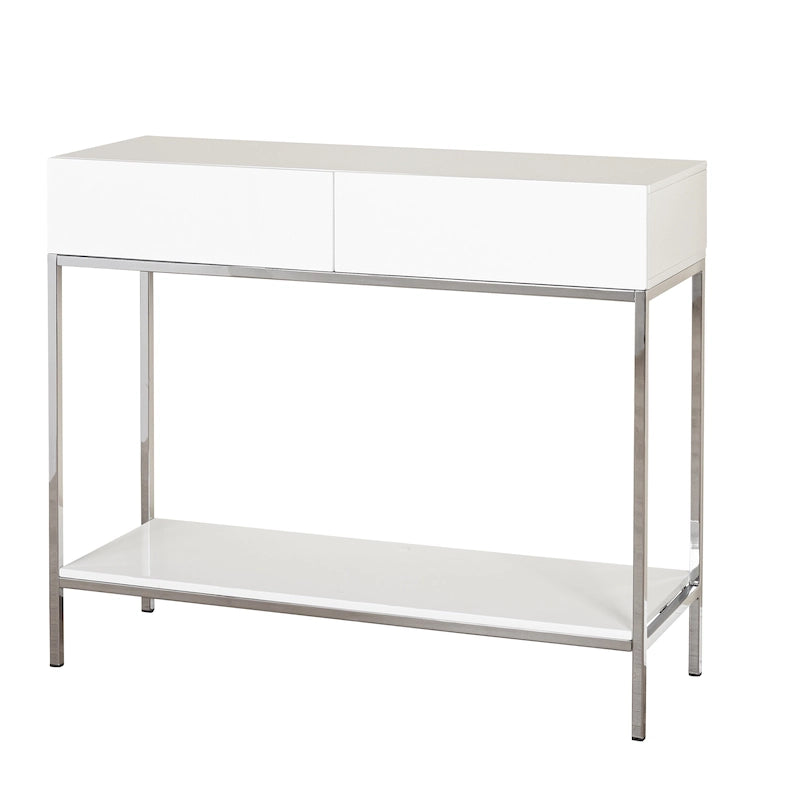 White High Gloss Console Table with Chrome Frame, 2 Drawers & Open Shelf