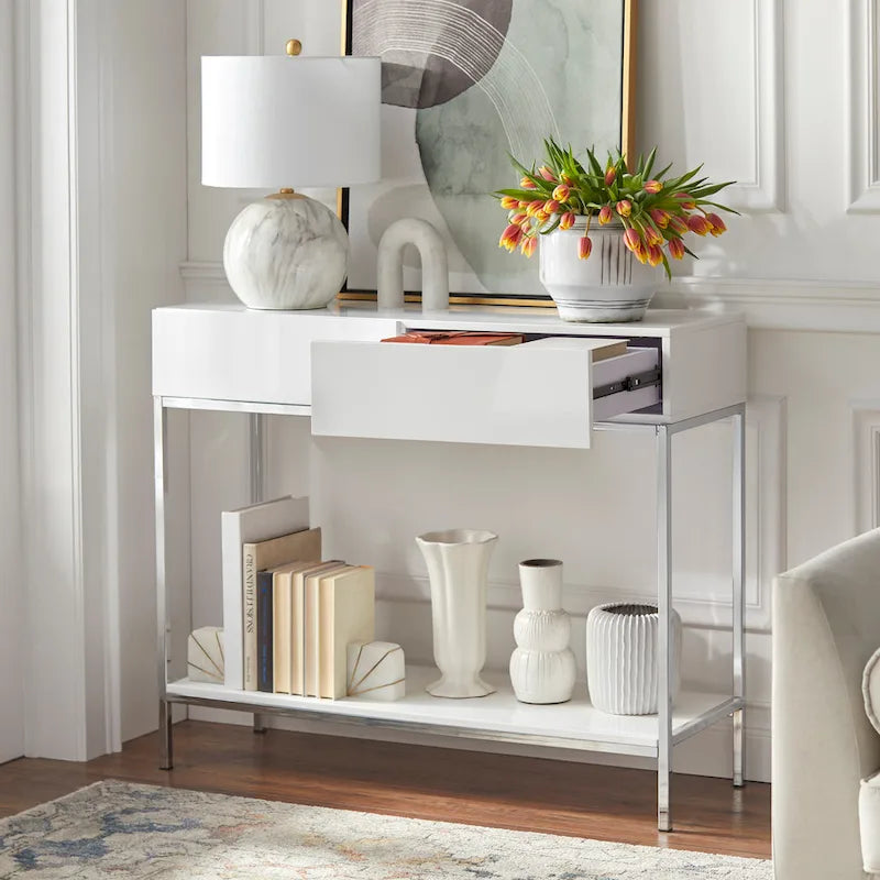 White High Gloss Console Table with Chrome Frame, 2 Drawers & Open Shelf