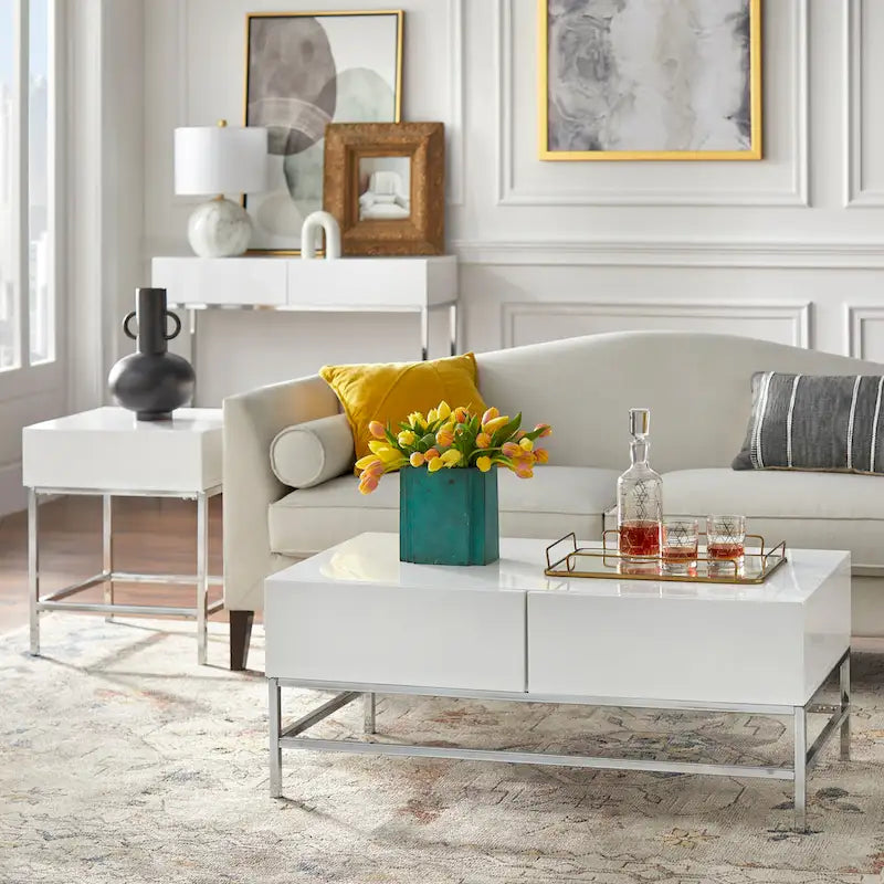 White High Gloss Console Table with Chrome Frame, 2 Drawers & Open Shelf