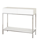 White High Gloss Console Table with Chrome Frame, 2 Drawers & Open Shelf