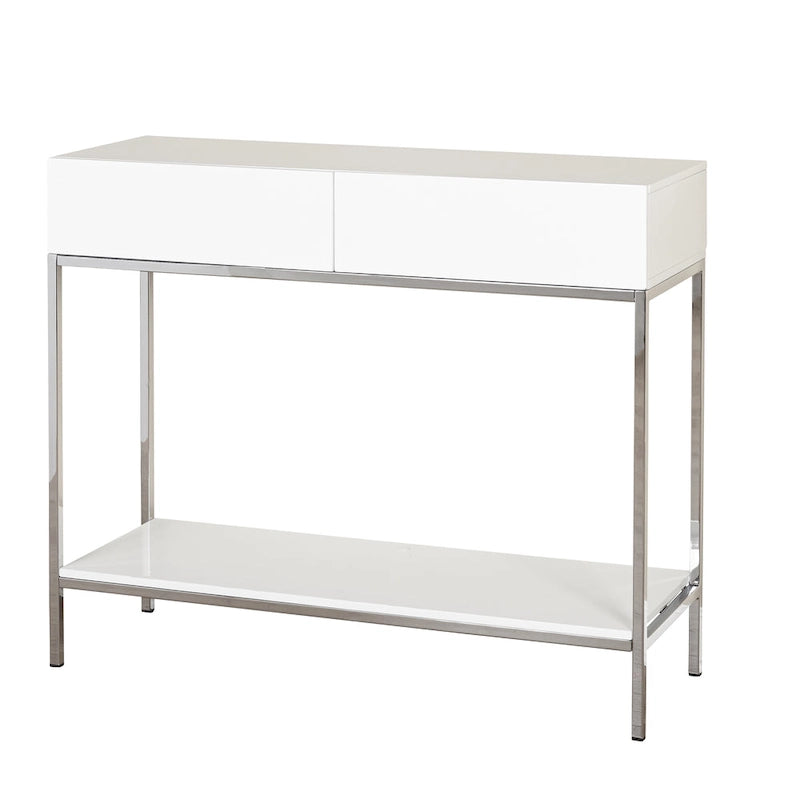 White High Gloss Console Table with Chrome Frame, 2 Drawers & Open Shelf