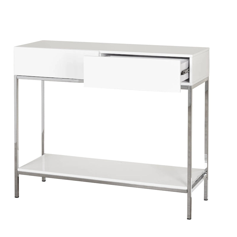White High Gloss Console Table with Chrome Frame, 2 Drawers & Open Shelf