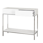 White High Gloss Console Table with Chrome Frame, 2 Drawers & Open Shelf