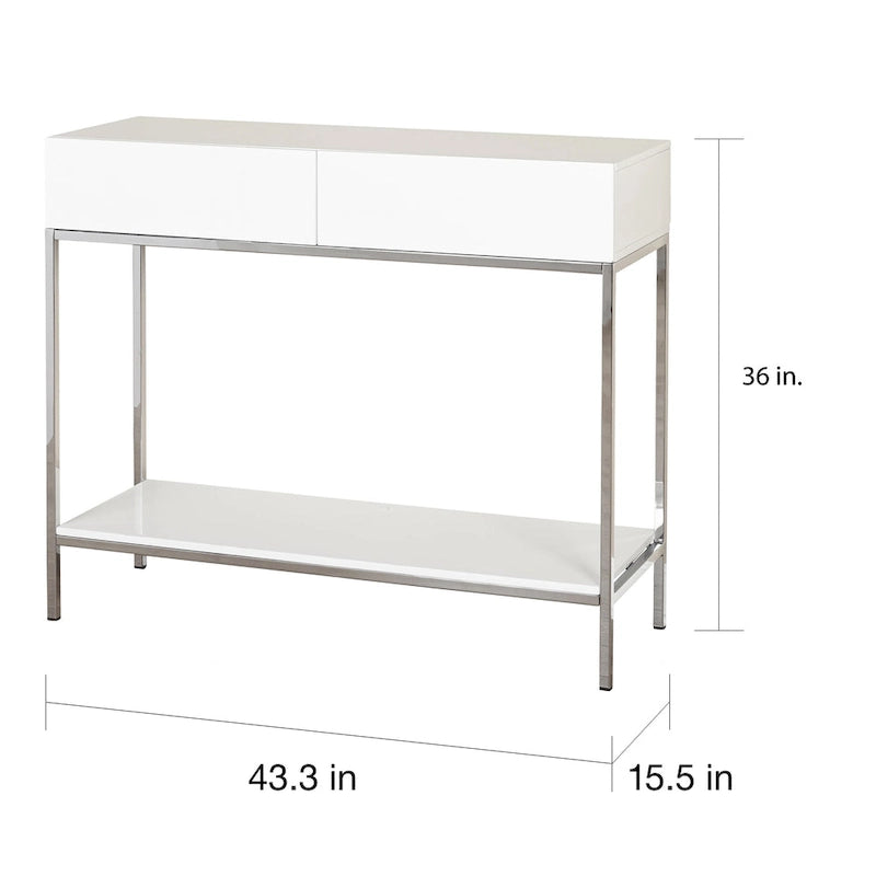 White High Gloss Console Table with Chrome Frame, 2 Drawers & Open Shelf