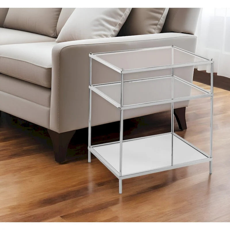 Silver Mirrored Glass & Iron End Table with Shelf - 22x18x26.75"