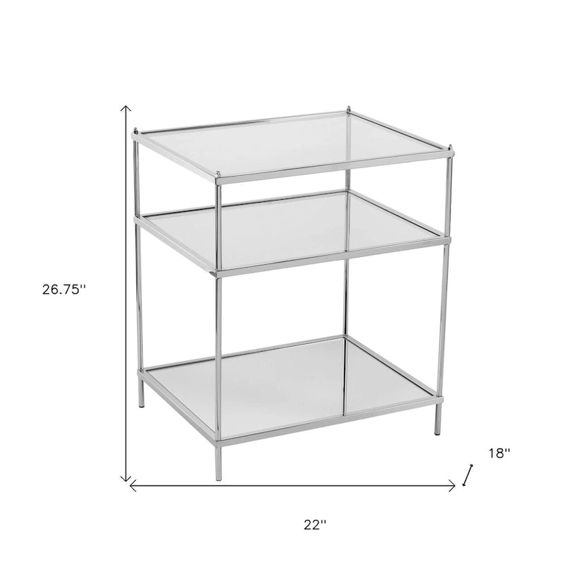 Silver Mirrored Glass & Iron End Table with Shelf - 22x18x26.75"
