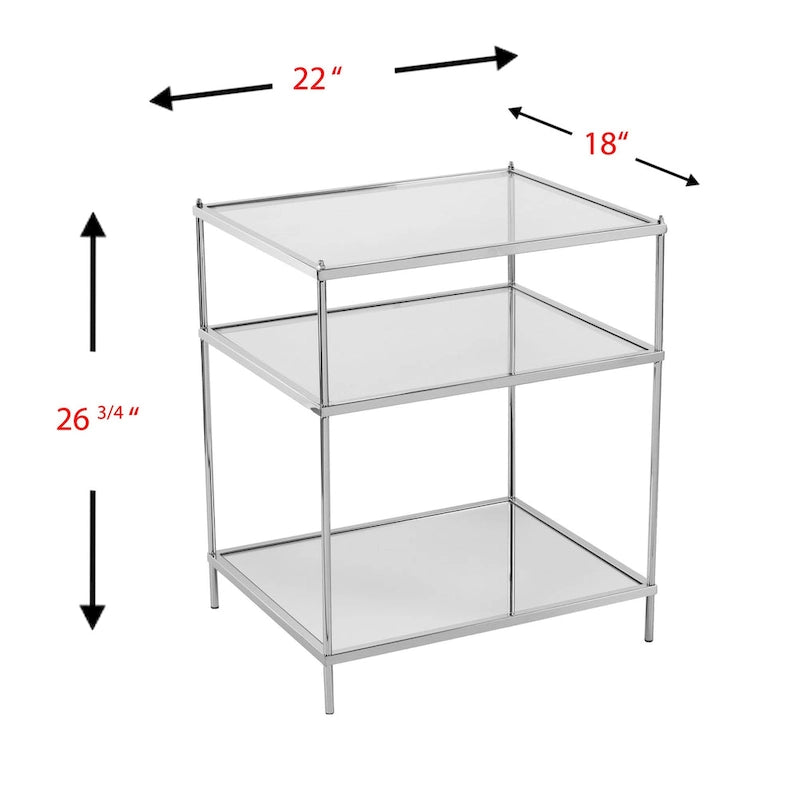 Silver Mirrored Glass & Iron End Table with Shelf - 22x18x26.75"