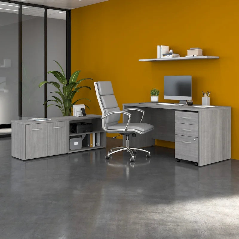60W Office Desk Bundle with Storage Return, Mobile File Cabinet & Credenza
