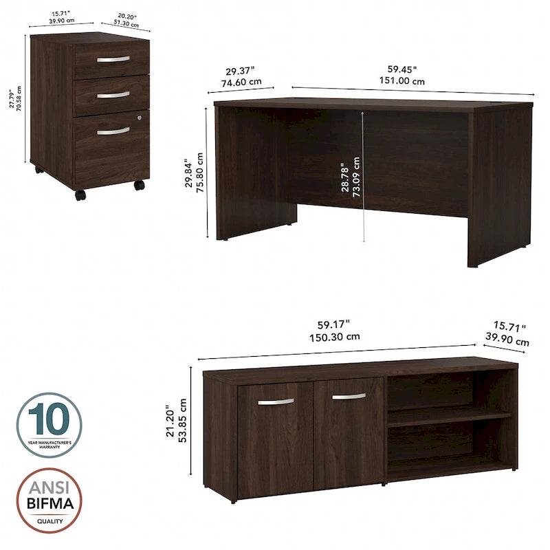 60W Office Desk Bundle with Storage Return, Mobile File Cabinet & Credenza