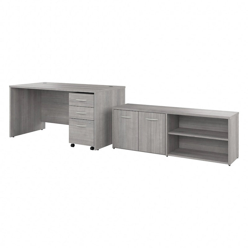 60W Office Desk Bundle with Storage Return, Mobile File Cabinet & Credenza