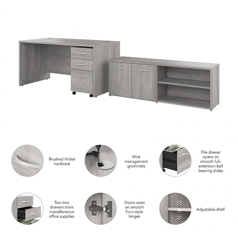 60W Office Desk Bundle with Storage Return, Mobile File Cabinet & Credenza