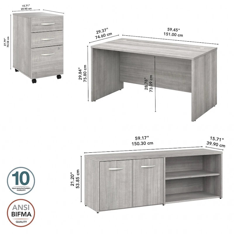 60W Office Desk Bundle with Storage Return, Mobile File Cabinet & Credenza