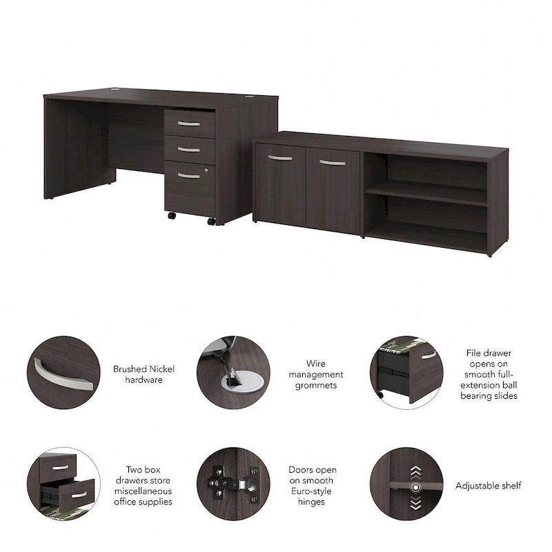 60W Office Desk Bundle with Storage Return, Mobile File Cabinet & Credenza
