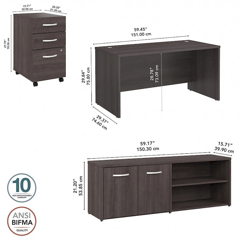 60W Office Desk Bundle with Storage Return, Mobile File Cabinet & Credenza