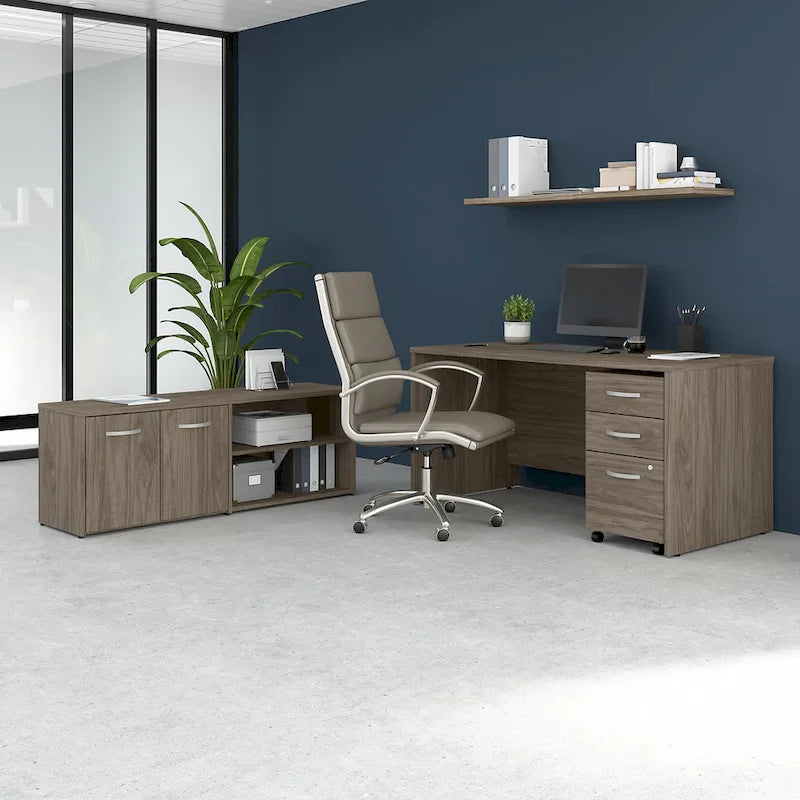 60W Office Desk Bundle with Storage Return, Mobile File Cabinet & Credenza