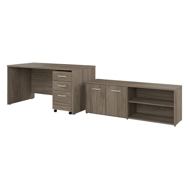 60W Office Desk Bundle with Storage Return, Mobile File Cabinet & Credenza