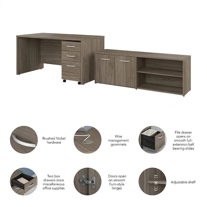 60W Office Desk Bundle with Storage Return, Mobile File Cabinet & Credenza