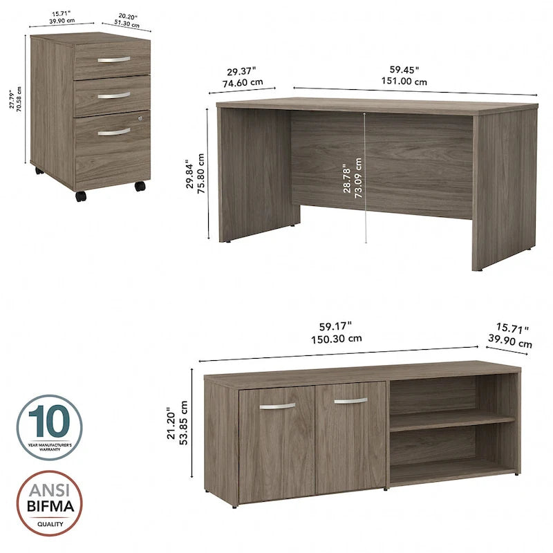 60W Office Desk Bundle with Storage Return, Mobile File Cabinet & Credenza